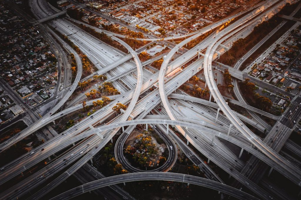 Road interchange with fresh line marking
